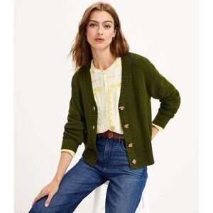 LOFT Stitchy Button Cardigan Sweater Moss Green size medium
